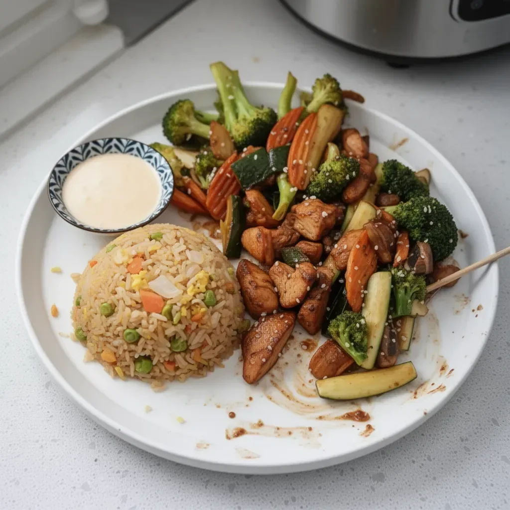 Delicious Hibachi Chicken grilled with vegetables and sauces