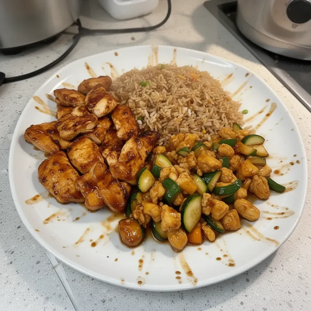 Hibachi Chicken grilled on a Blackstone griddle with vegetables