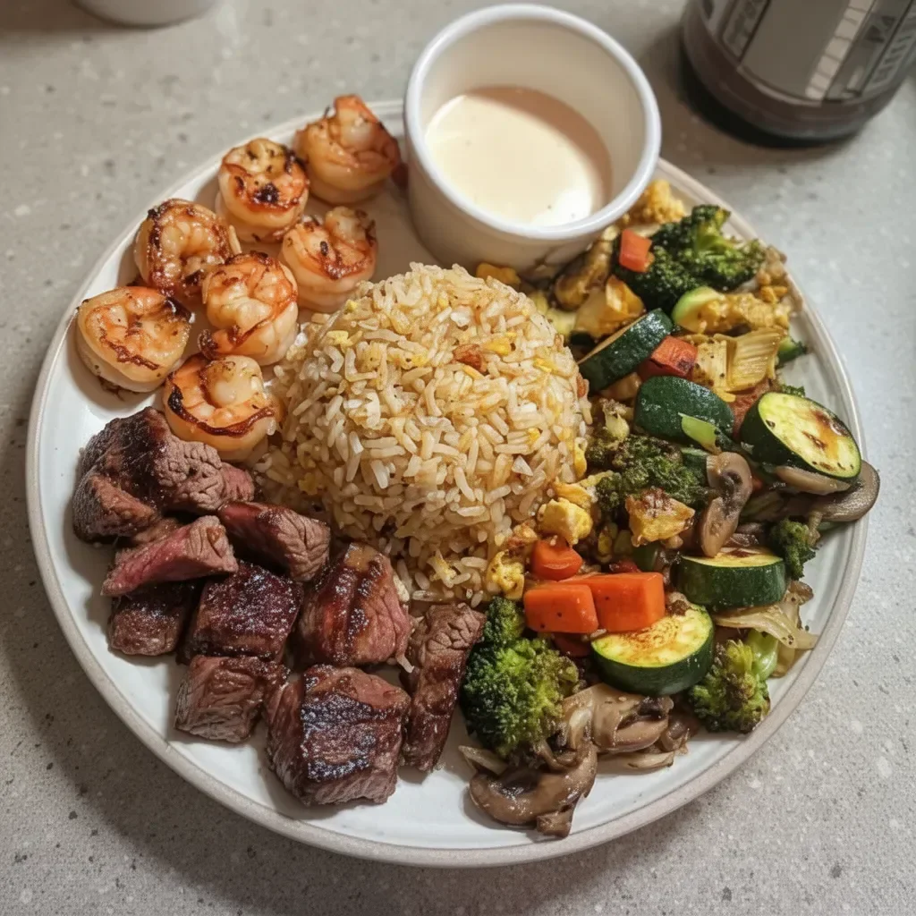 Hibachi Steak & Shrimp Bowl with Fried Rice served in a vibrant dish