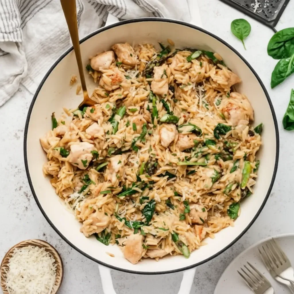 High protein chicken orzo meal served in a bowl with vegetables