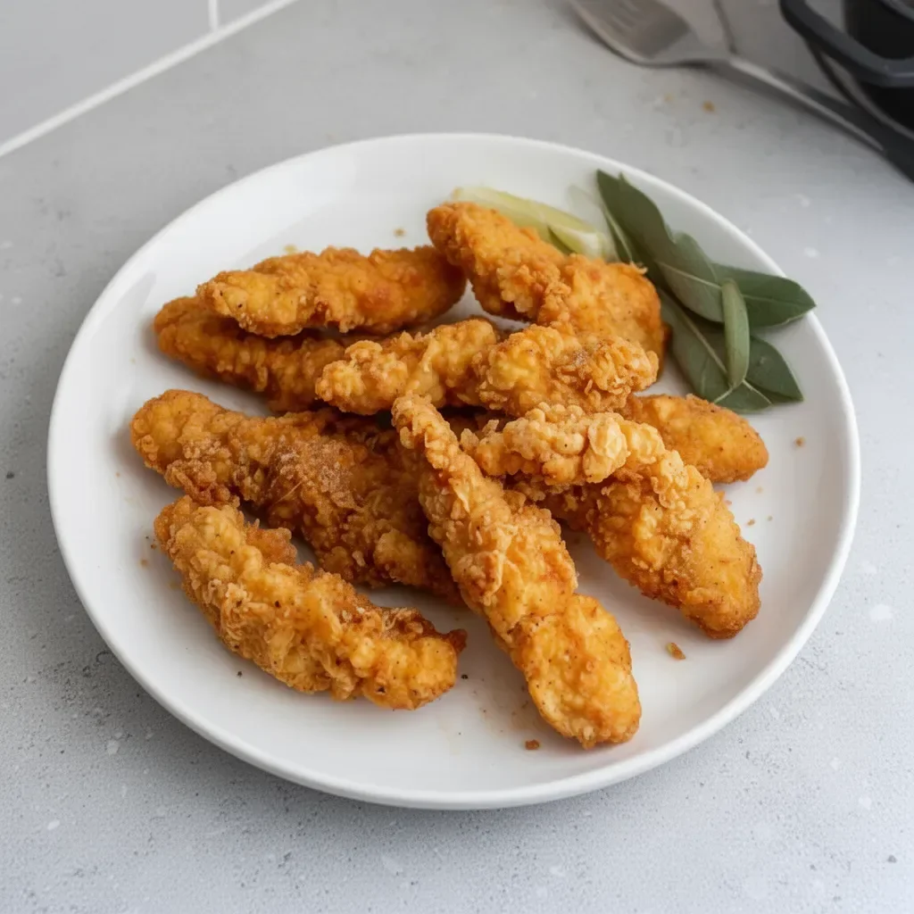 Homemade fried chicken strips served with dipping sauce on a plate