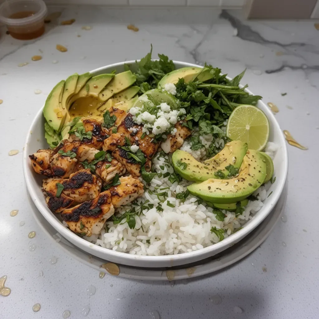 Honey Lime Chicken served in an avocado rice bowl for a healthy dinner.