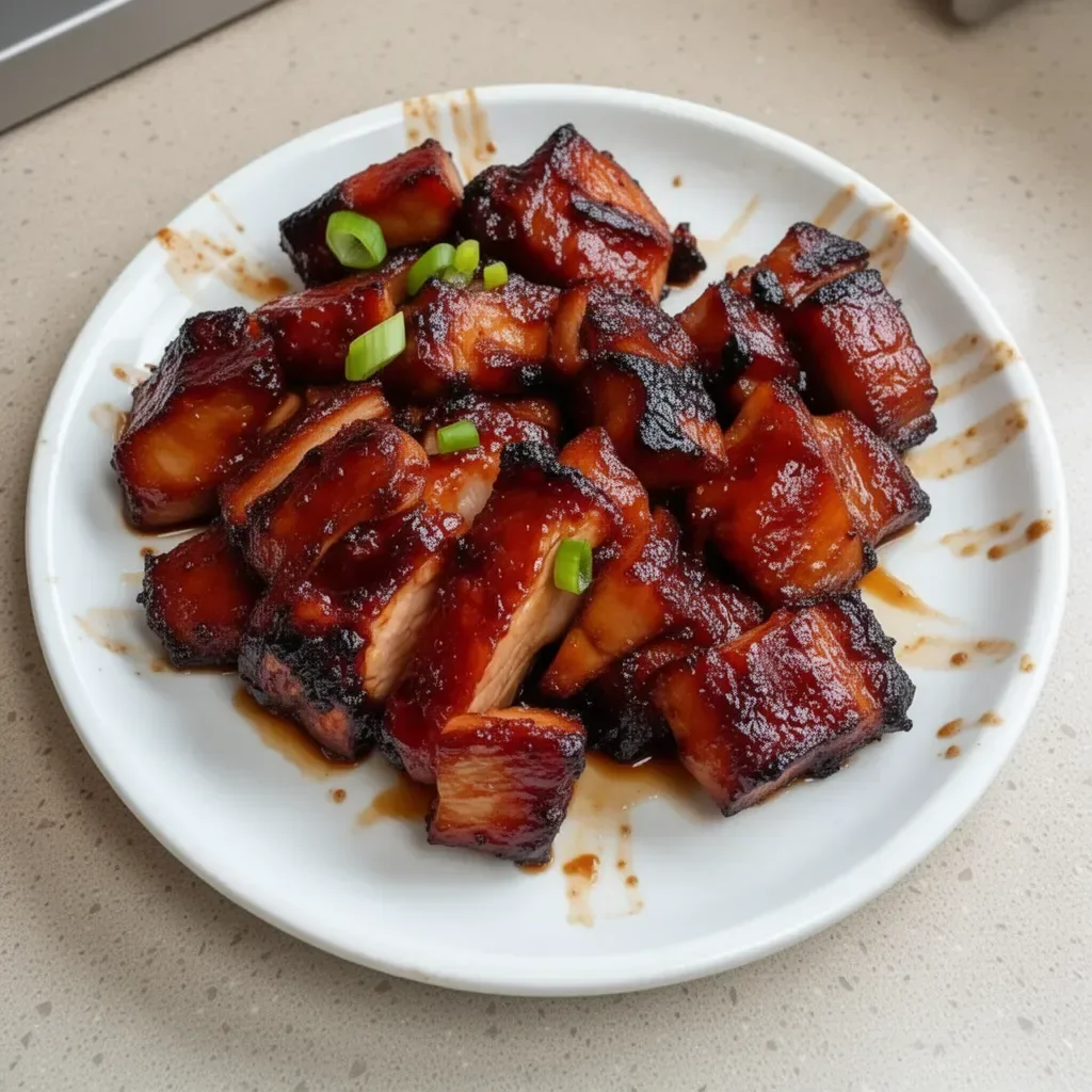 Plate of Irresistible Char Siu Chicken garnished with herbs