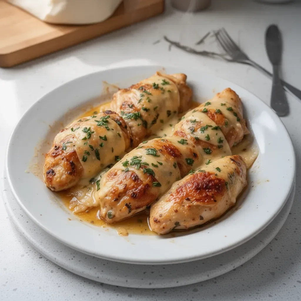 Plate of Italian Chicken Saltimbocca with sage and prosciutto dressing.