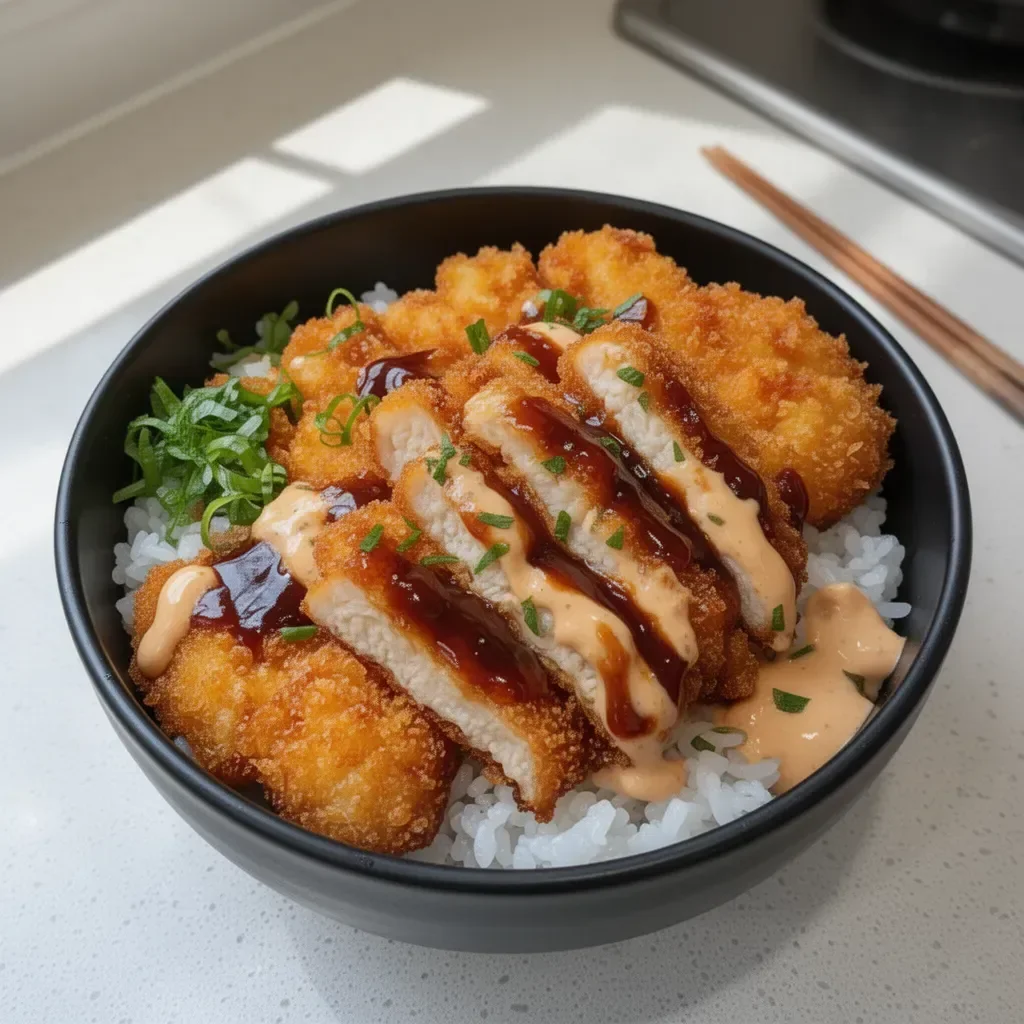 Delicious Japanese Katsu Bowls topped with tonkatsu sauce