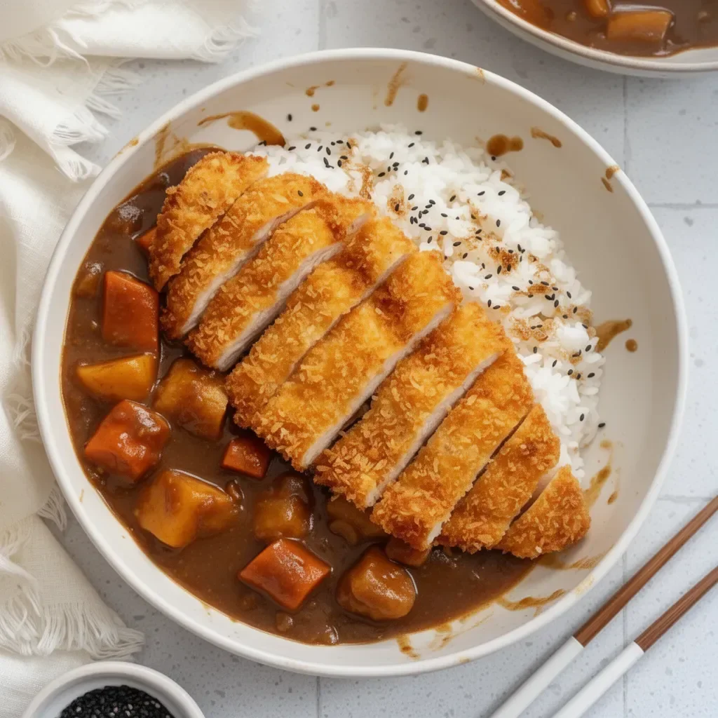 Delicious Japanese Katsu Curry served with rice and garnished with fresh vegetables.