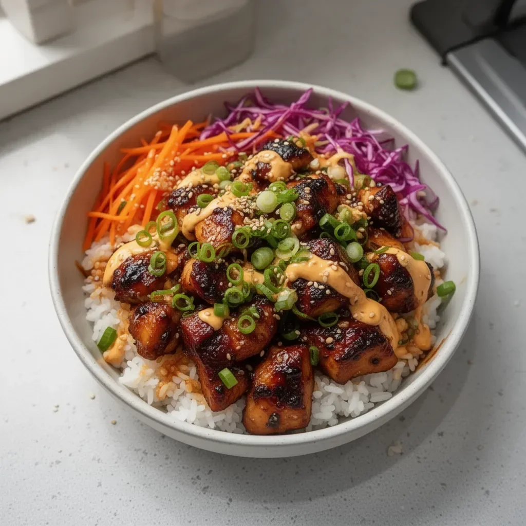 Delicious Korean BBQ Chicken Bowls served in a vibrant bowl with fresh ingredients