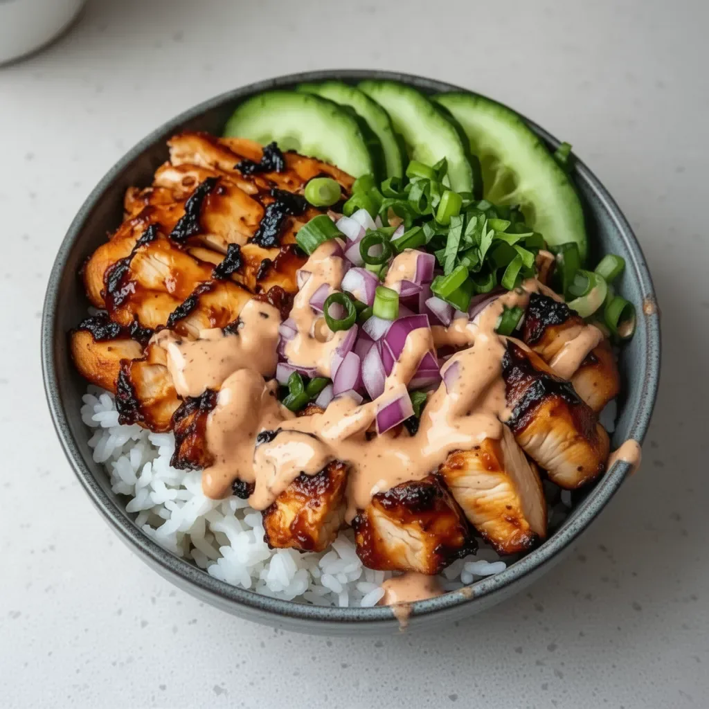 Korean BBQ Chicken Bowl with Gochujang Cream Sauce garnished with fresh vegetables
