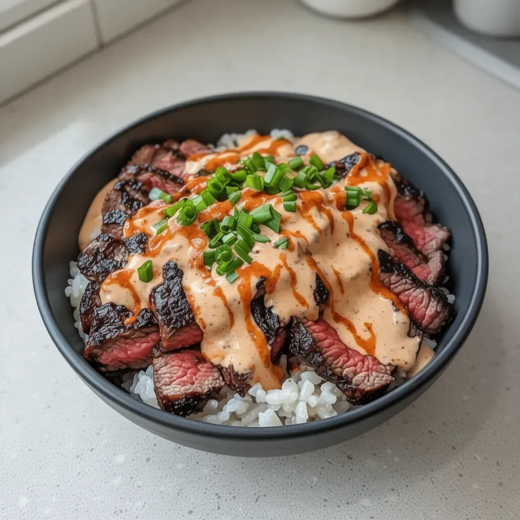 Korean BBQ steak rice bowls with spicy cream sauce on a wooden table.
