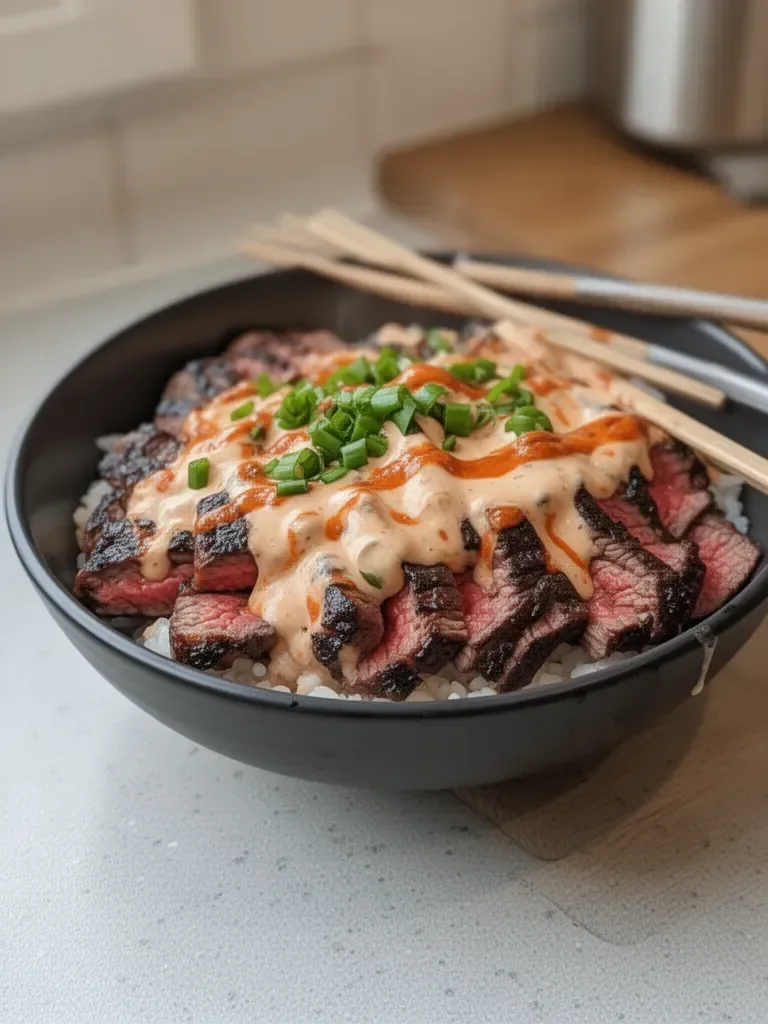 Korean BBQ Steak Rice Bowls with Spicy Cream Sauce