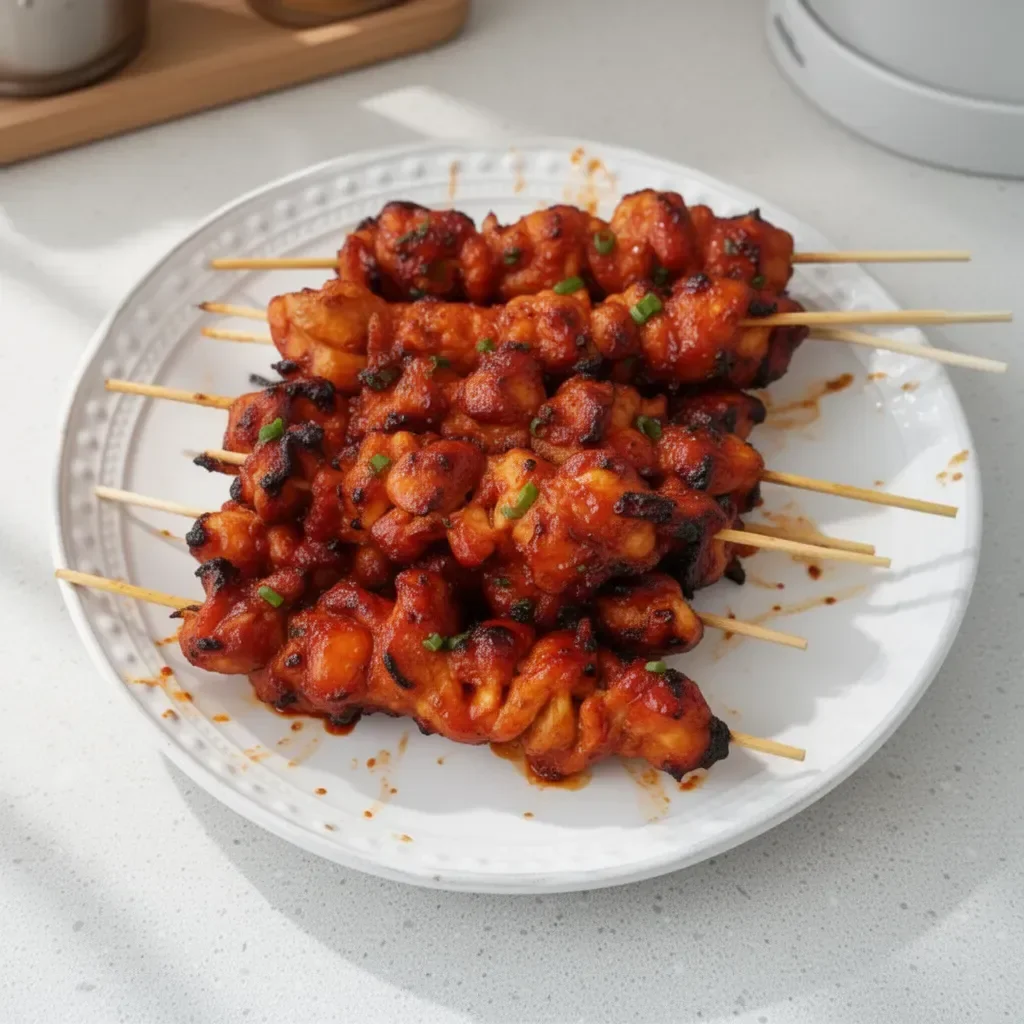 Grilled Korean Chicken Skewers with vibrant vegetables on a platter