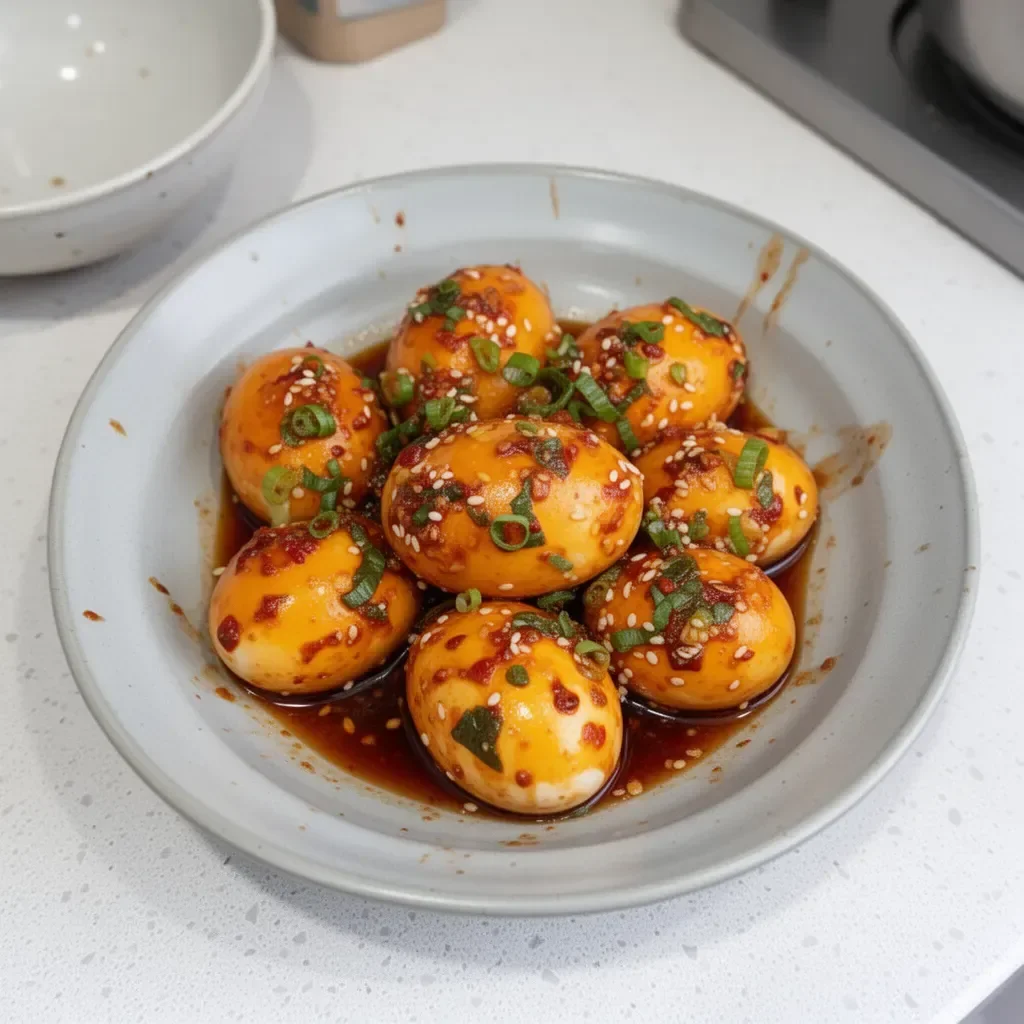 Plate of Korean marinated eggs garnished with green onions.