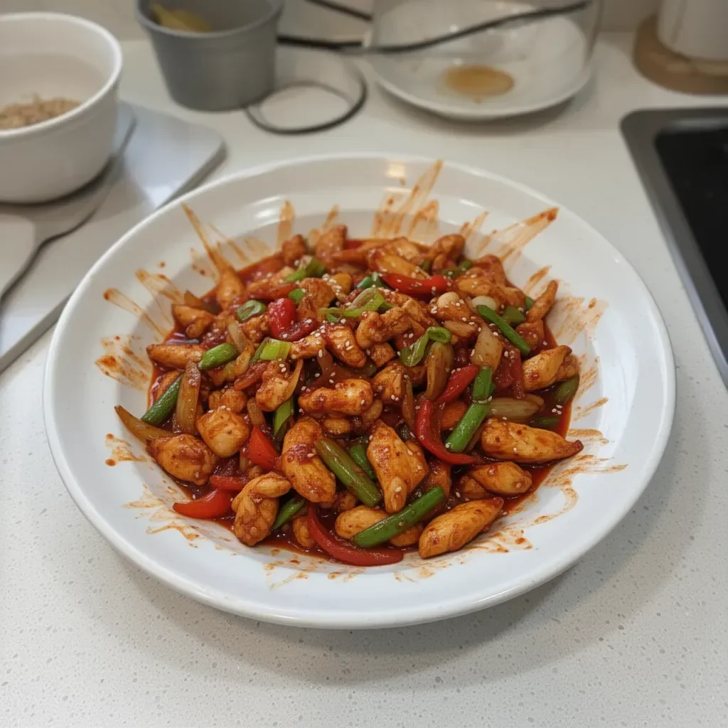 A vibrant plate of Korean spicy chicken stir fry with vegetables and spices.