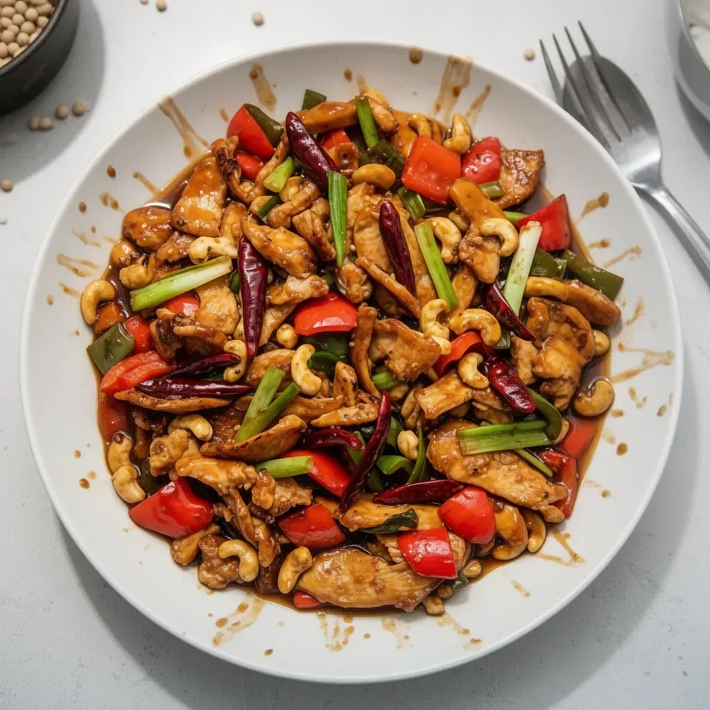 Delicious plate of Kung Pao Chicken with peanuts and vegetables