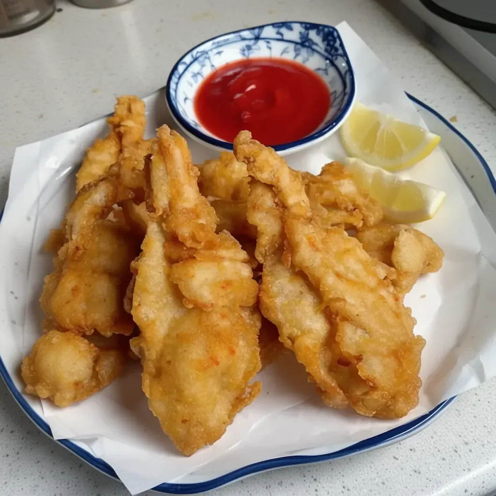 Crispy chicken tempura served with dipping sauce in a traditional Japanese setting.