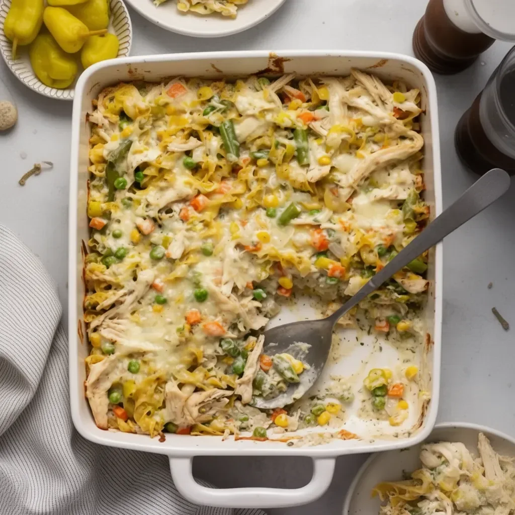 Mississippi Chicken Casserole fresh out of the oven, golden and bubbly.