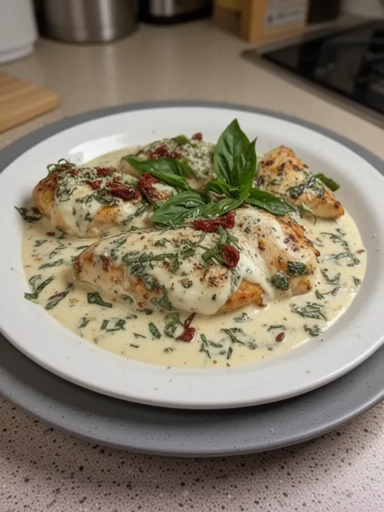 Mozzarella Chicken in Basil Cream Sauce