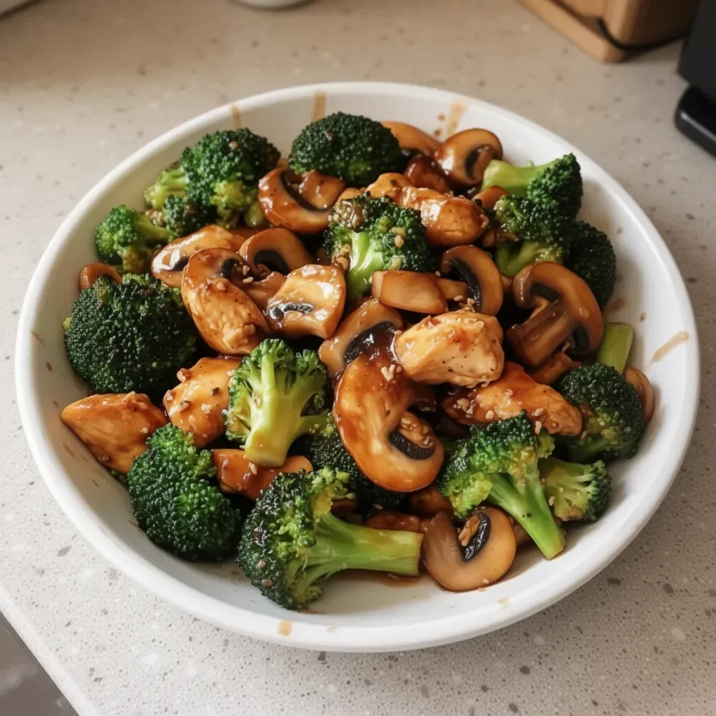 Delicious chicken stir-fry with broccoli and mushrooms in a vibrant dish