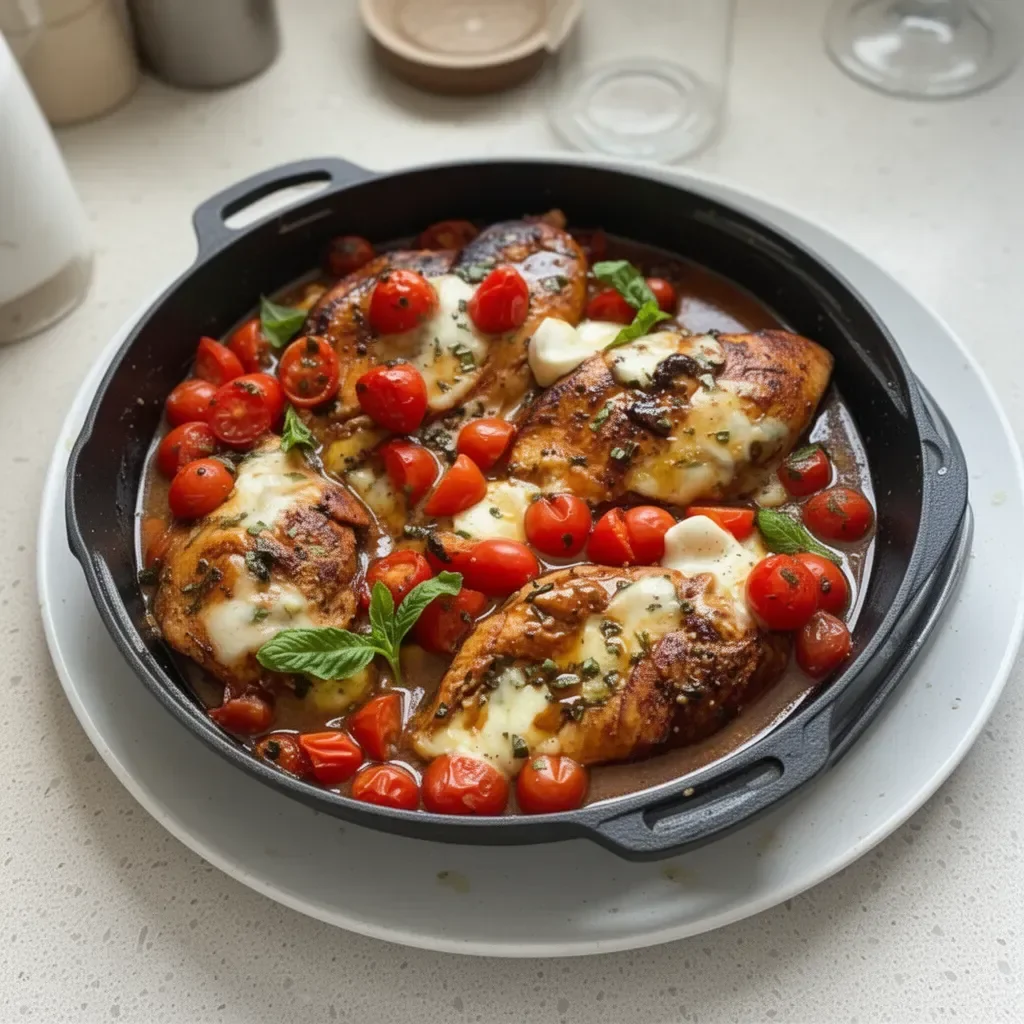 One-pan juicy chicken coated in balsamic sauce garnished with fresh herbs