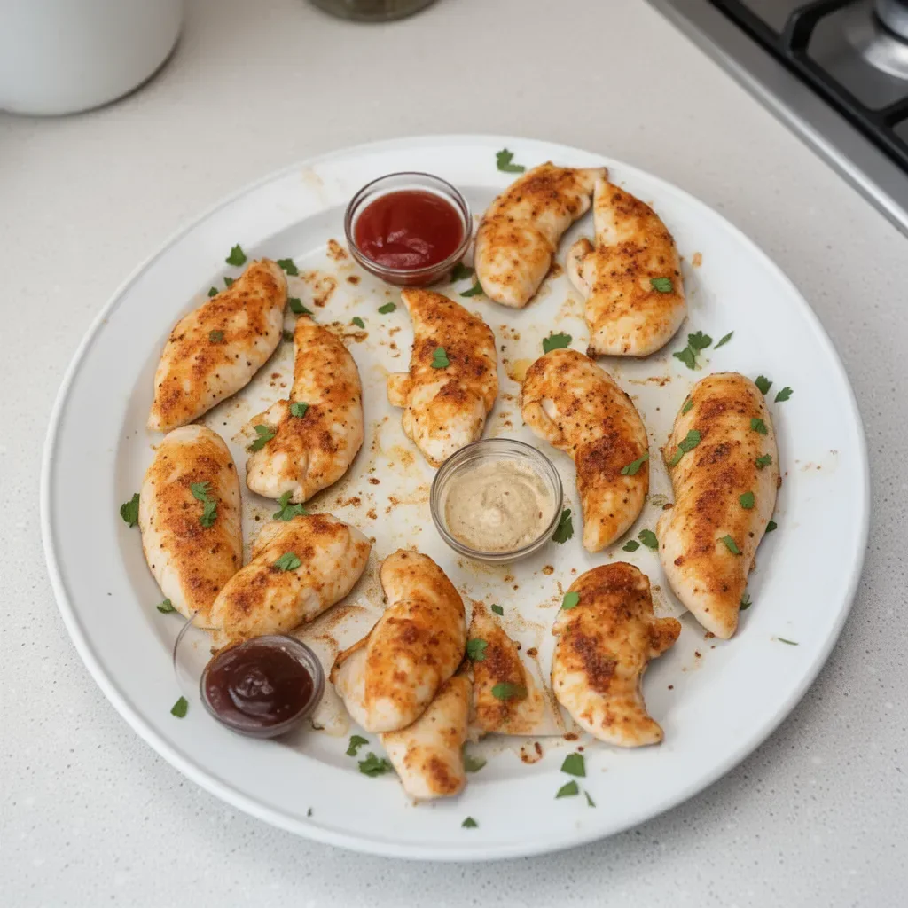 Oven baked chicken tenderloins served on a plate, garnished with herbs.