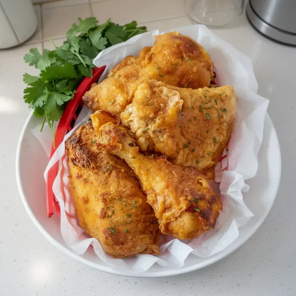 Delicious oven fried chicken served on a plate, crispy and golden brown.