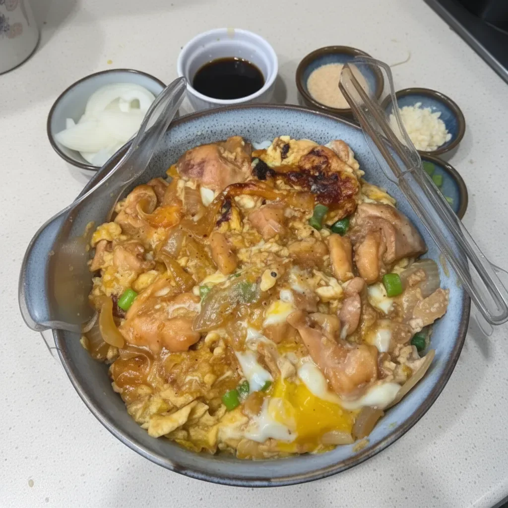 Delicious homemade Oyakodon served in a traditional Japanese bowl.