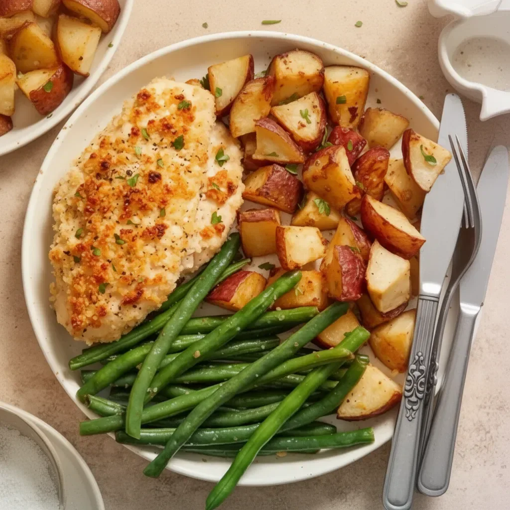 Delicious Parmesan Crusted Chicken on a sheet pan with vegetables
