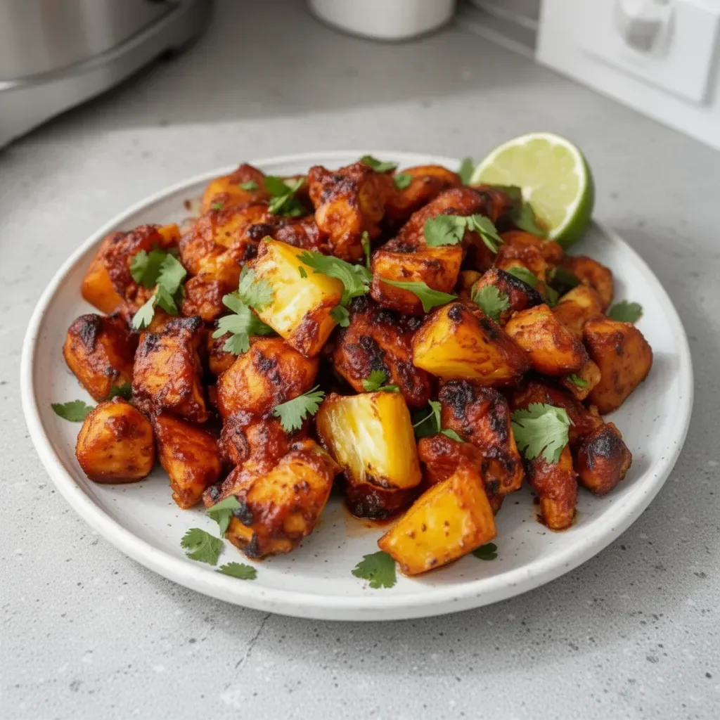 Plate of flavorful Pastor Chicken garnished with onions and cilantro.