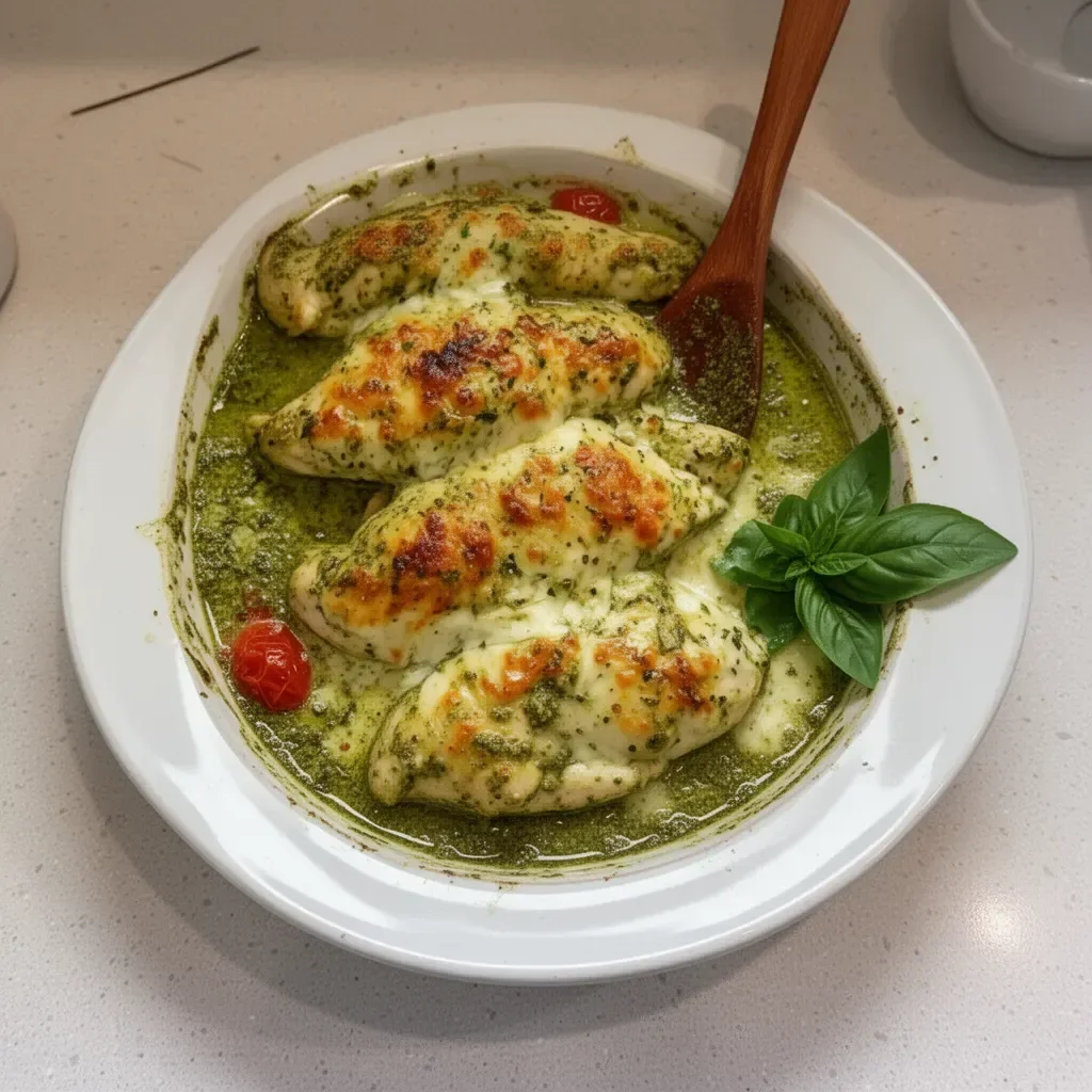 Baked pesto chicken topped with fresh basil and mozzarella cheese