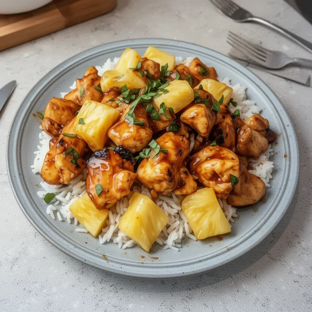Plate of Pineapple Chicken served with rice and vegetables, showcasing a sweet and savory meal.