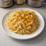 Pioneer Woman's chicken spaghetti dish served in a bowl with garnishes.