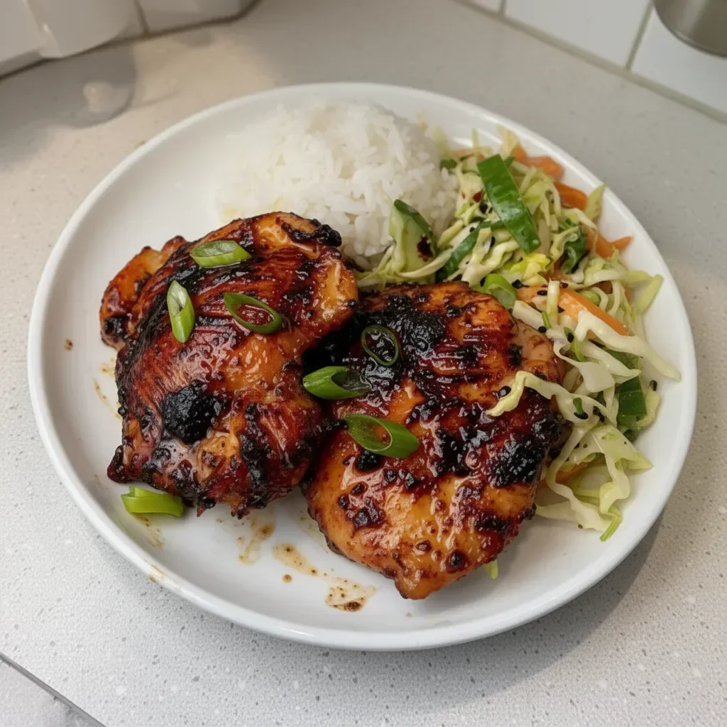 Roasted miso chicken thighs garnished with green onions on a plate