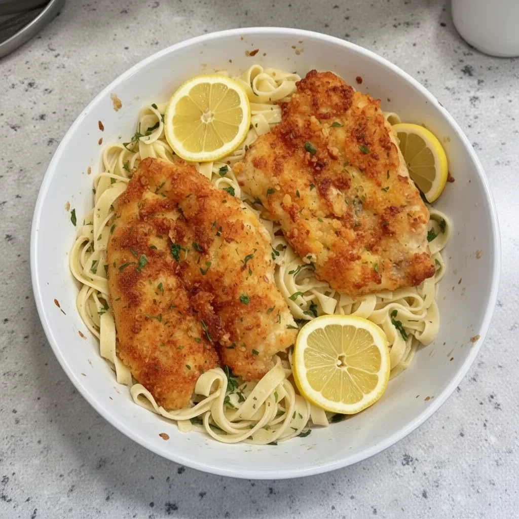 Plate of Romano Chicken served with lemon garlic pasta.