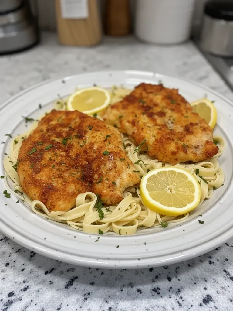 Romano Chicken with Lemon Garlic Pasta