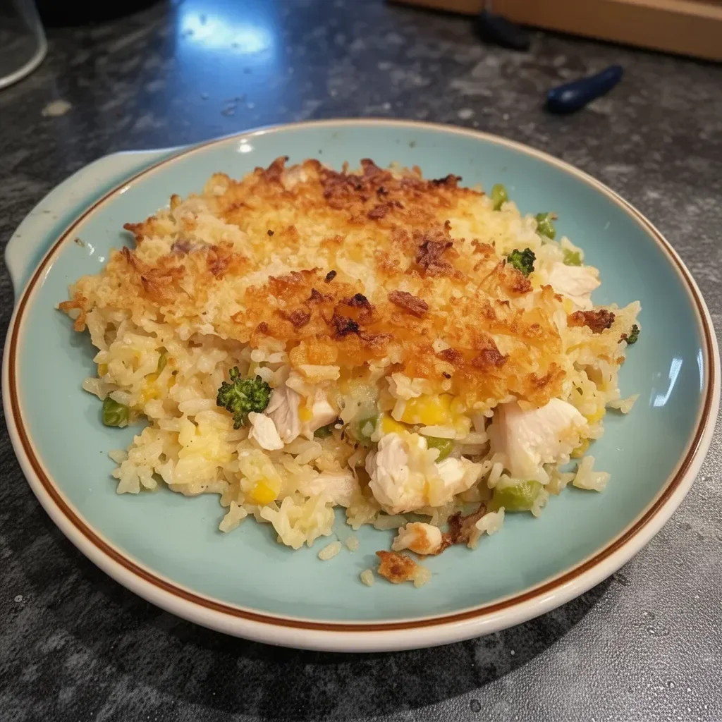 Rotisserie chicken and rice casserole topped with herbs and cheese
