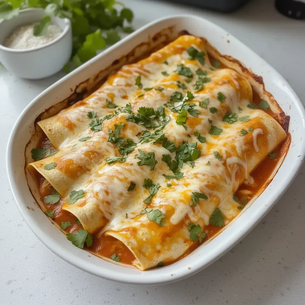 Plate of savory rotisserie chicken enchiladas garnished with cheese and cilantro.