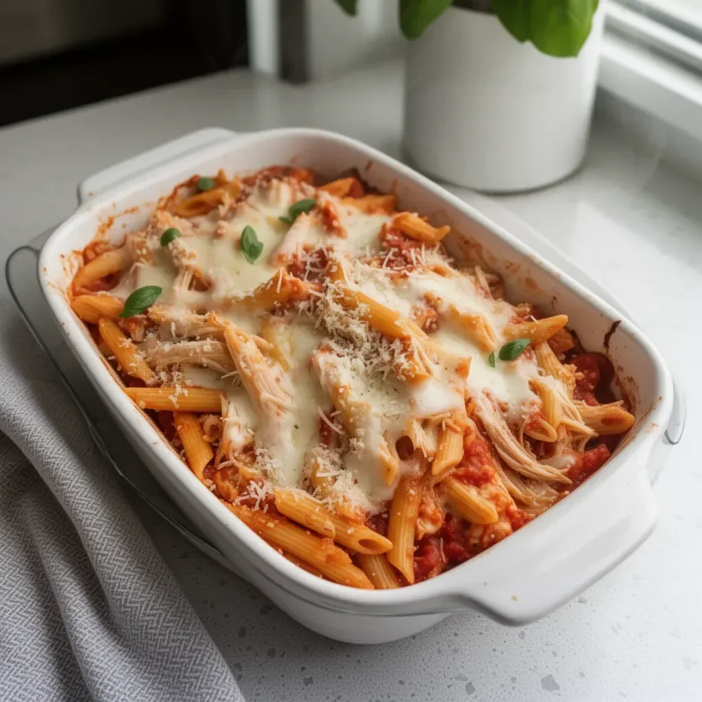 Rotisserie Chicken Parmesan Casserole topped with gooey cheese and herbs.