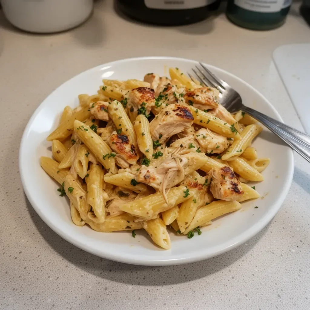 Creamy rotisserie chicken pasta served in a bowl with fresh herbs