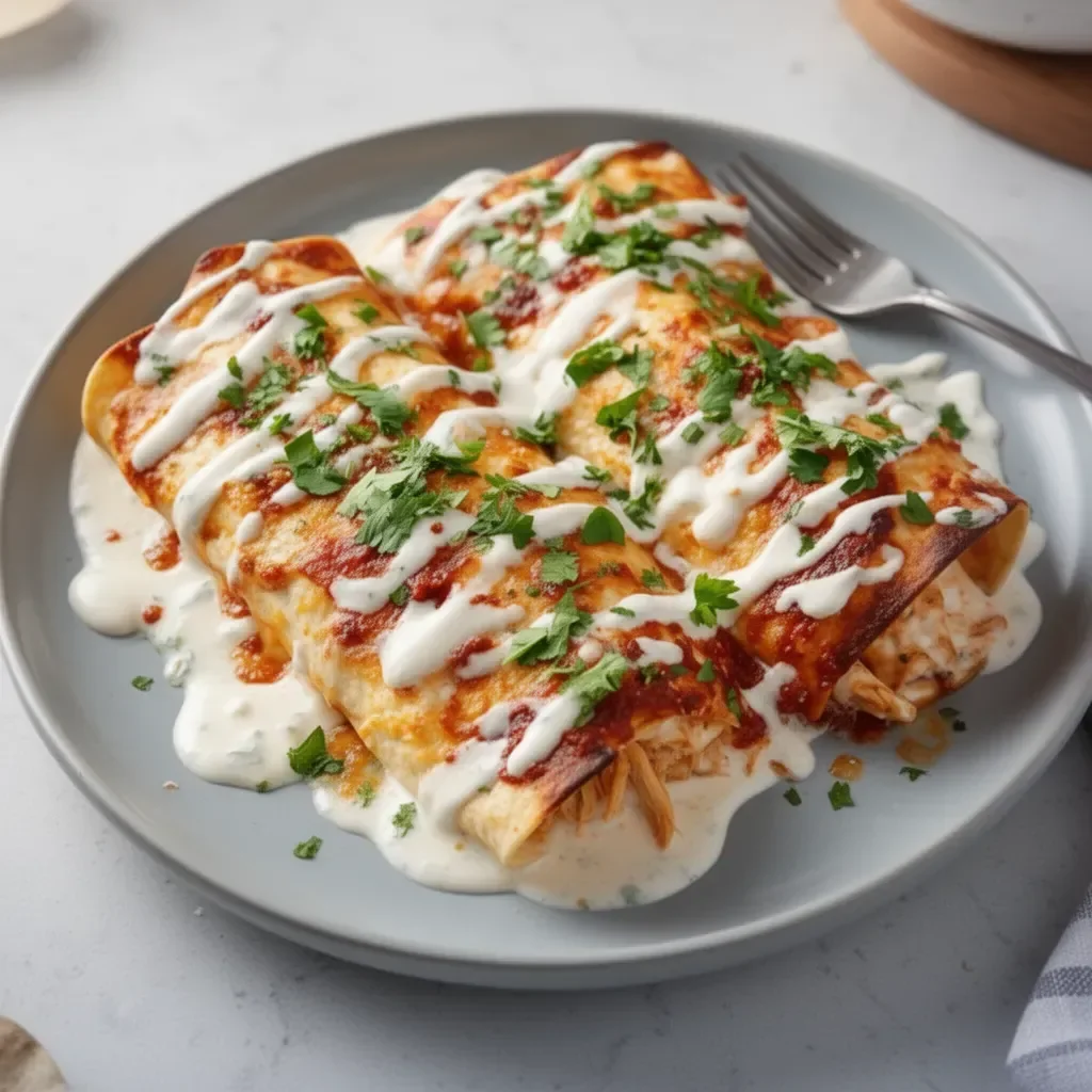 Creamy sour cream enchiladas with rotisserie chicken on a plate