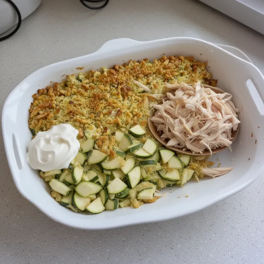 Rotisserie Chicken and Zucchini Casserole dish served in a baking dish