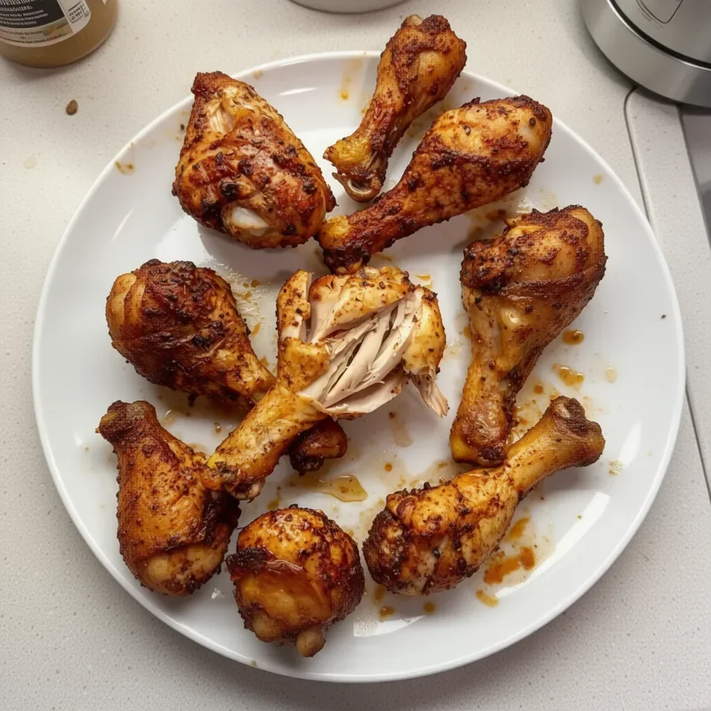 Oven-baked seasoned crispy chicken drumsticks on a plate garnished with herbs