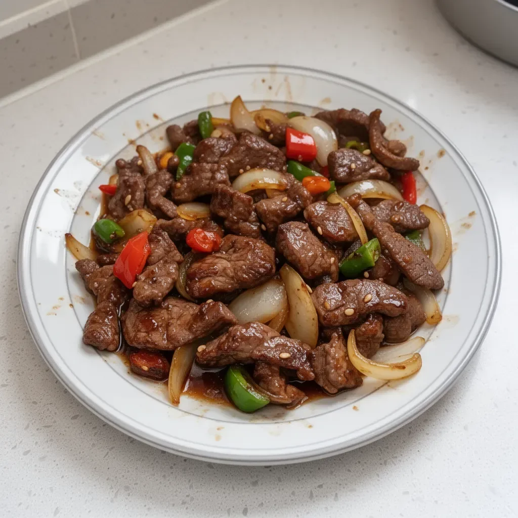 Sizzling Chinese pepper steak with onions served on a plate