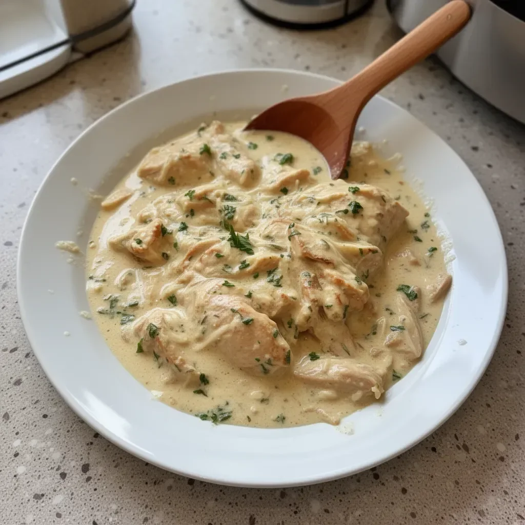 Delicious slow cooker creamy Italian chicken dish served with herbs