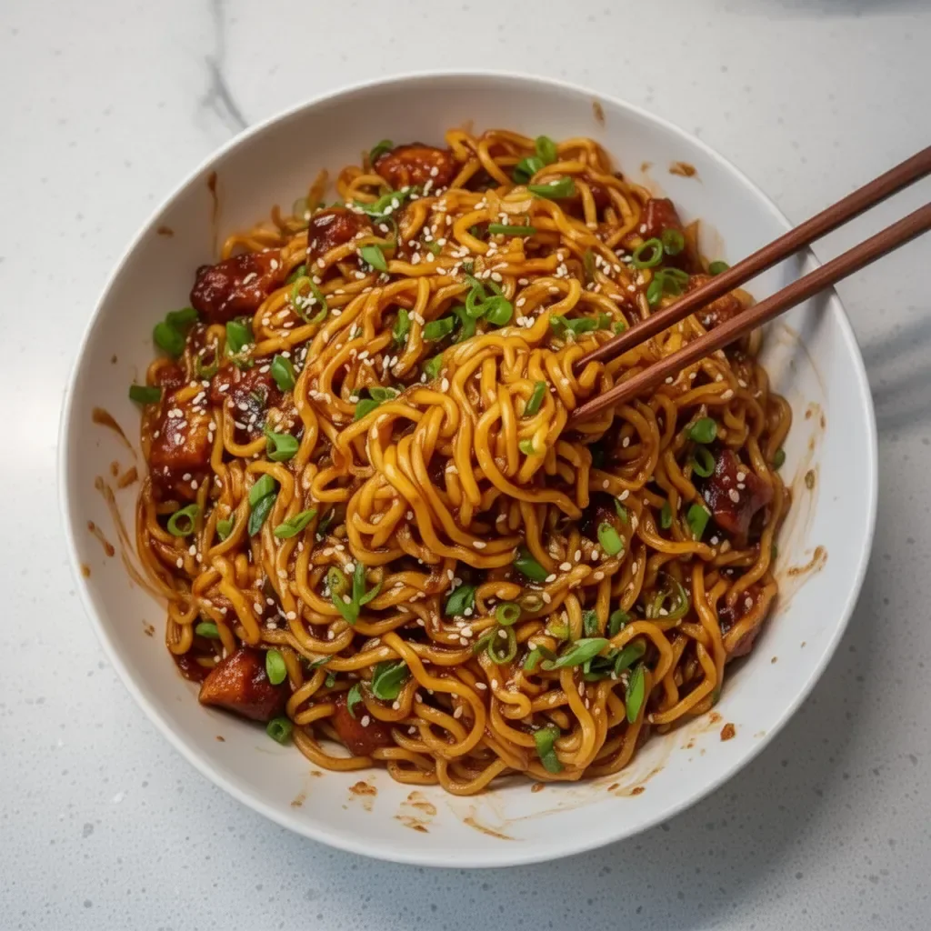 Plate of sticky garlic chicken noodles garnished with green onions