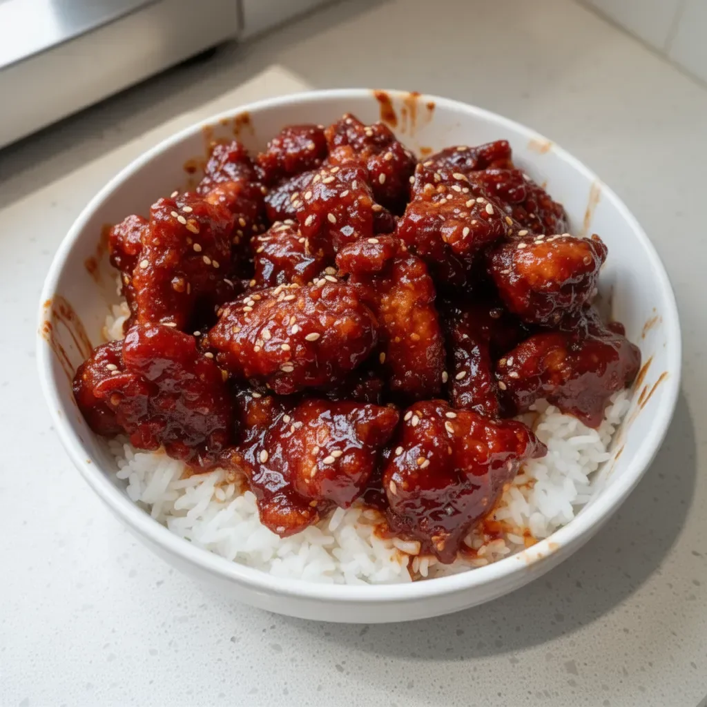 Sticky honey gochujang chicken served with vegetables on a plate