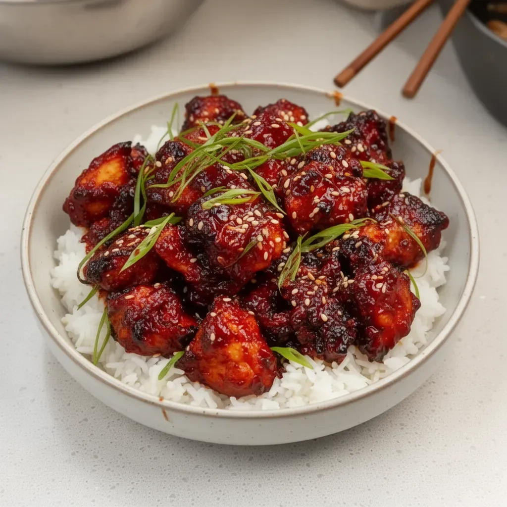 Plate of sticky Korean Gochujang Chicken garnished with sesame seeds and green onions