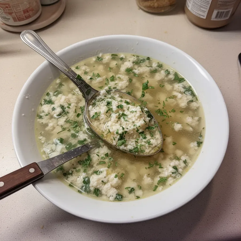Bowl of delicious homemade Stracciatella Soup with egg and greens