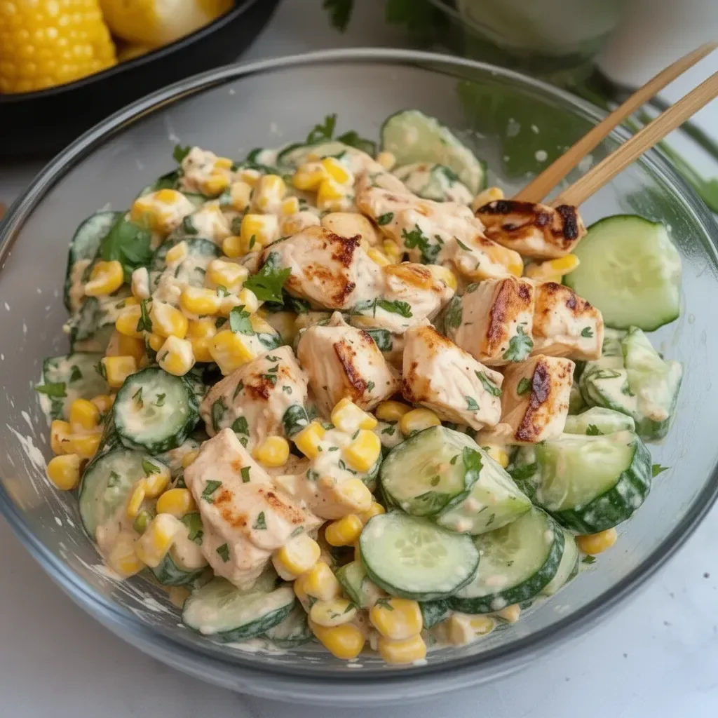 Delicious street corn creamy cucumber chicken salad in a bowl