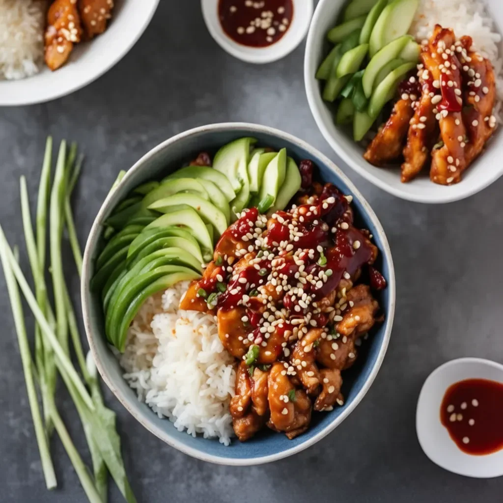 Delicious Sweet and Spicy Gochujang Chicken Bowls topped with fresh vegetables