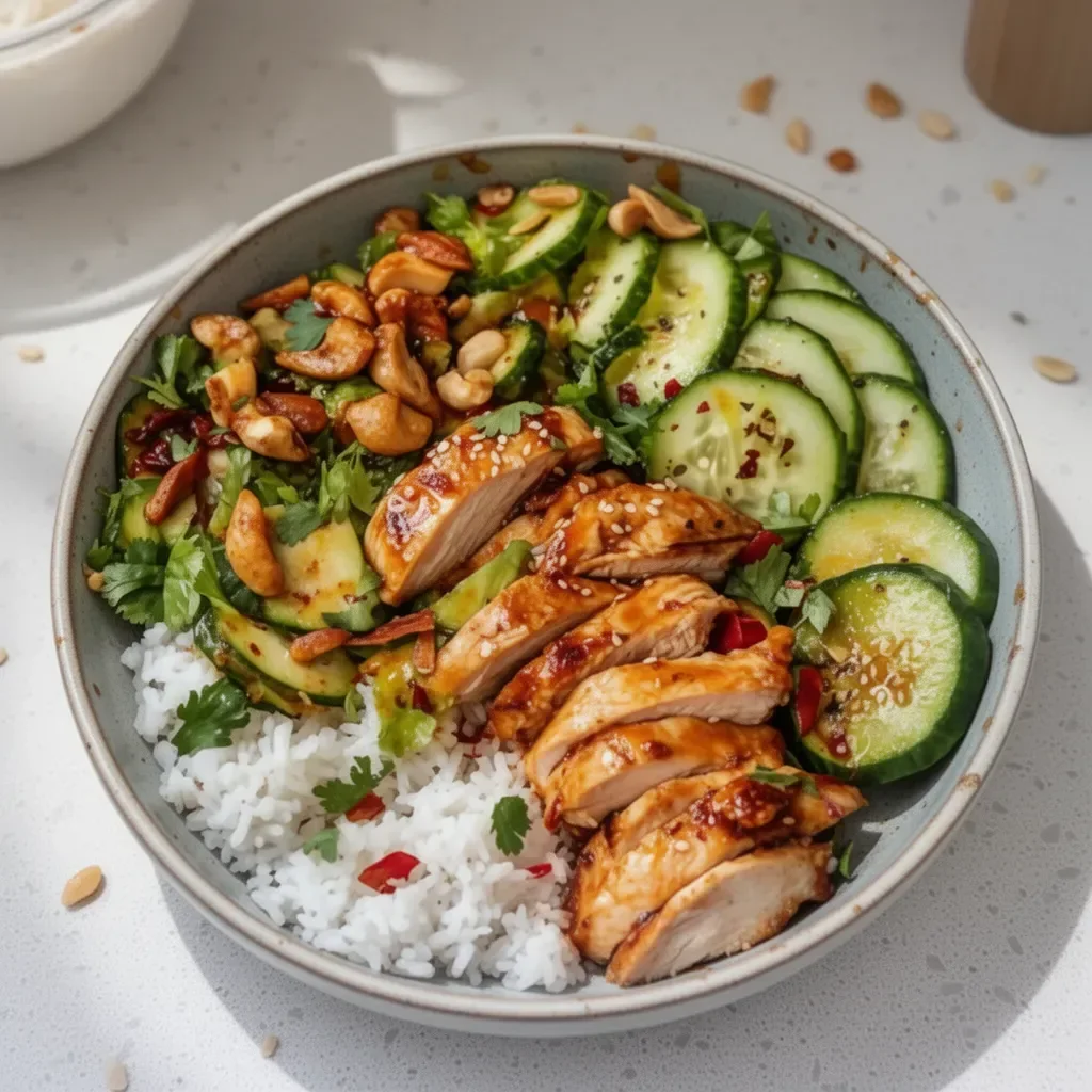 Sweet Chili Rotisserie Chicken Bowl with vibrant veggies and rice